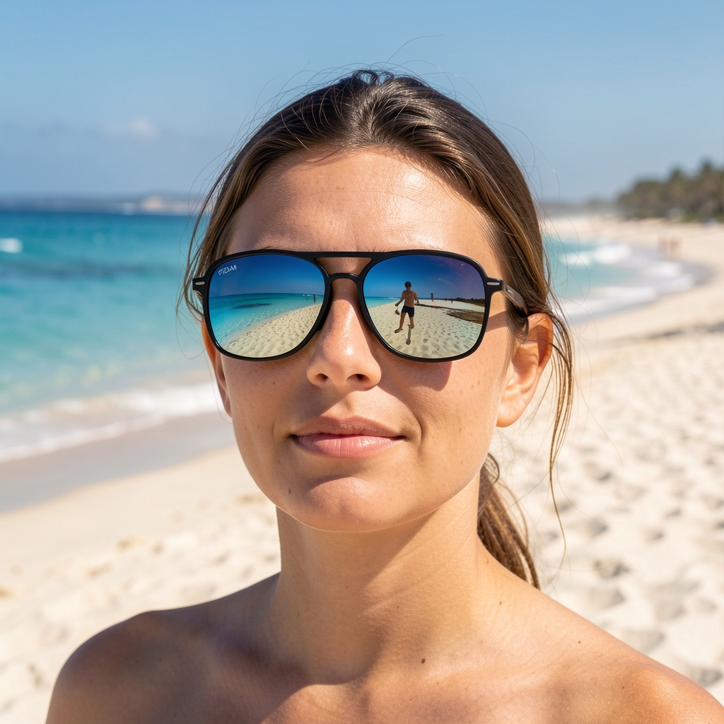 Gafas de sol polarizadas en ambiente de playa argentina con agua azul turquesa y arena blanca, persona usando lentes con reflejo del sol en las lentes