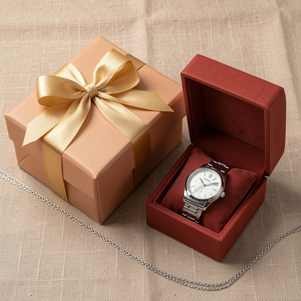 Mesa con envoltorio de regalo con lazo dorado y caja de reloj premium al lado de collar de plata sobre fondo de lino beige para ideas de regalo navideñas