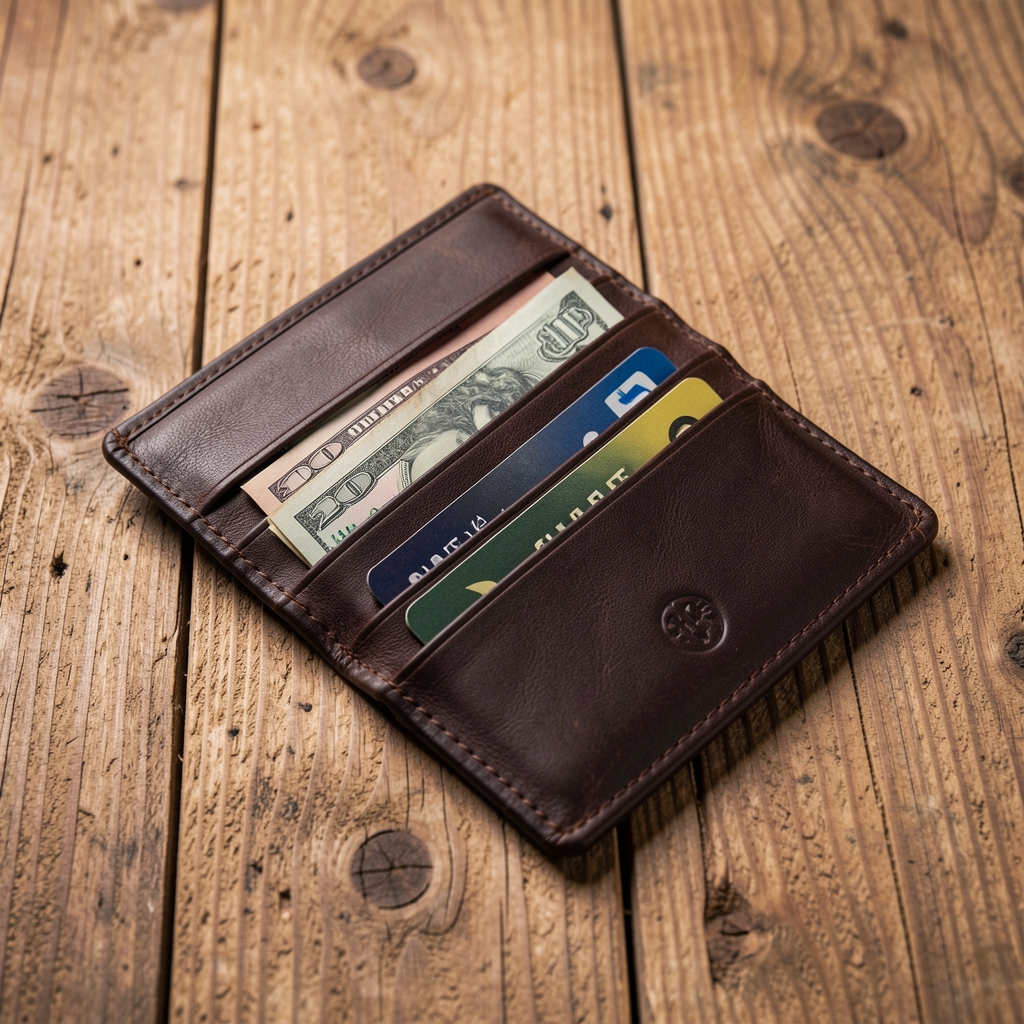 Billetera de cuero marrón oscuro tipo cartera slim abierta mostrando tarjetero y compartimento de billetes sobre fondo de madera natural