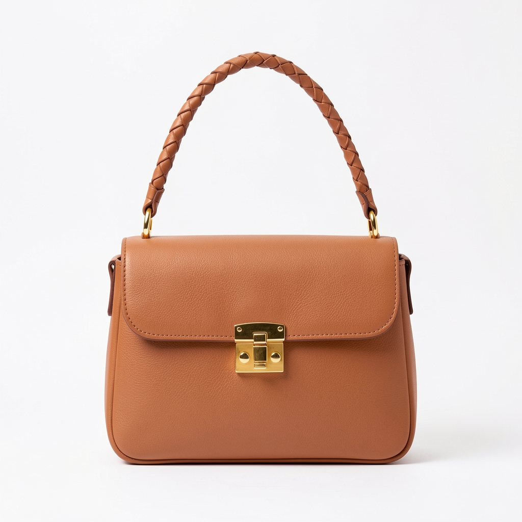 Bolso de mano de cuero camel estructurado con cierre metálico dorado y asa de cuero trenzada sobre fondo blanco de estudio