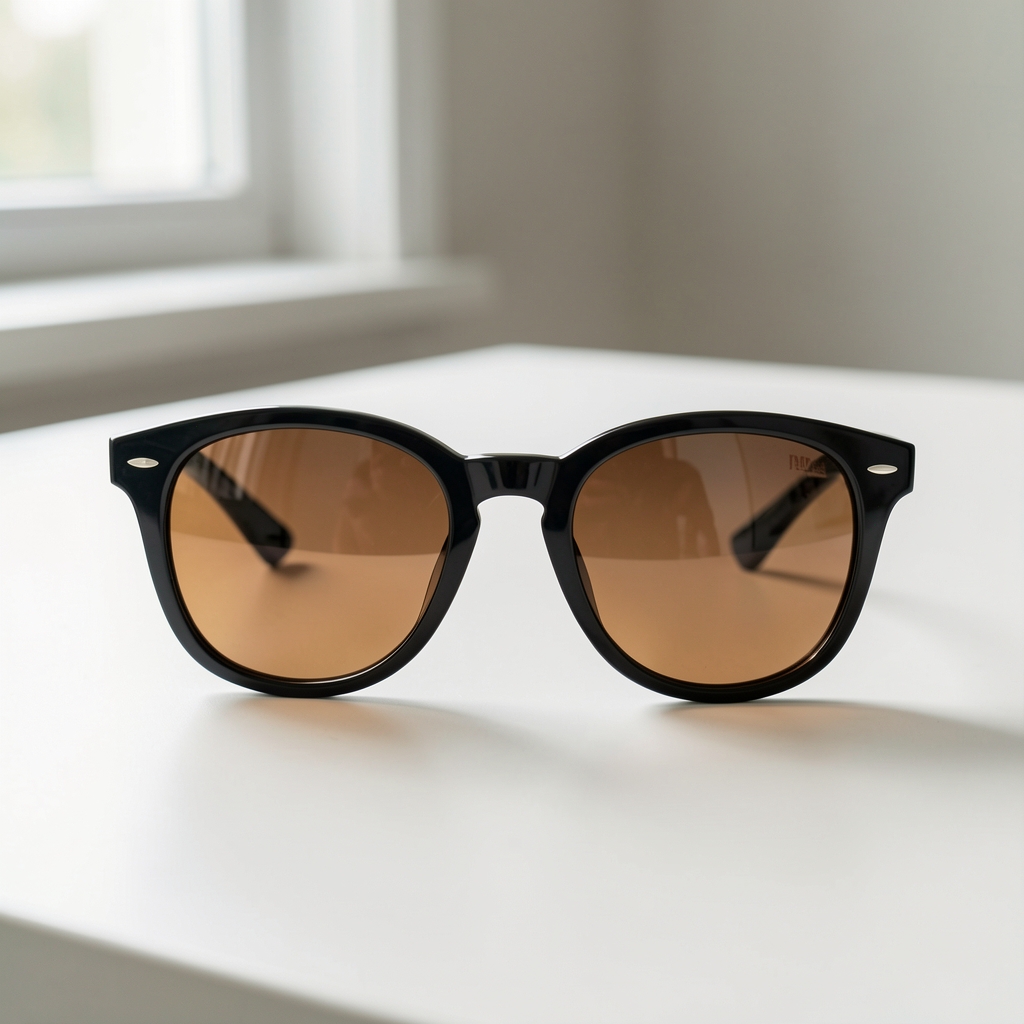 Gafas de sol de montura acetato negra con lentes polarizados espejados en tono bronce sobre mesa blanca con luz natural