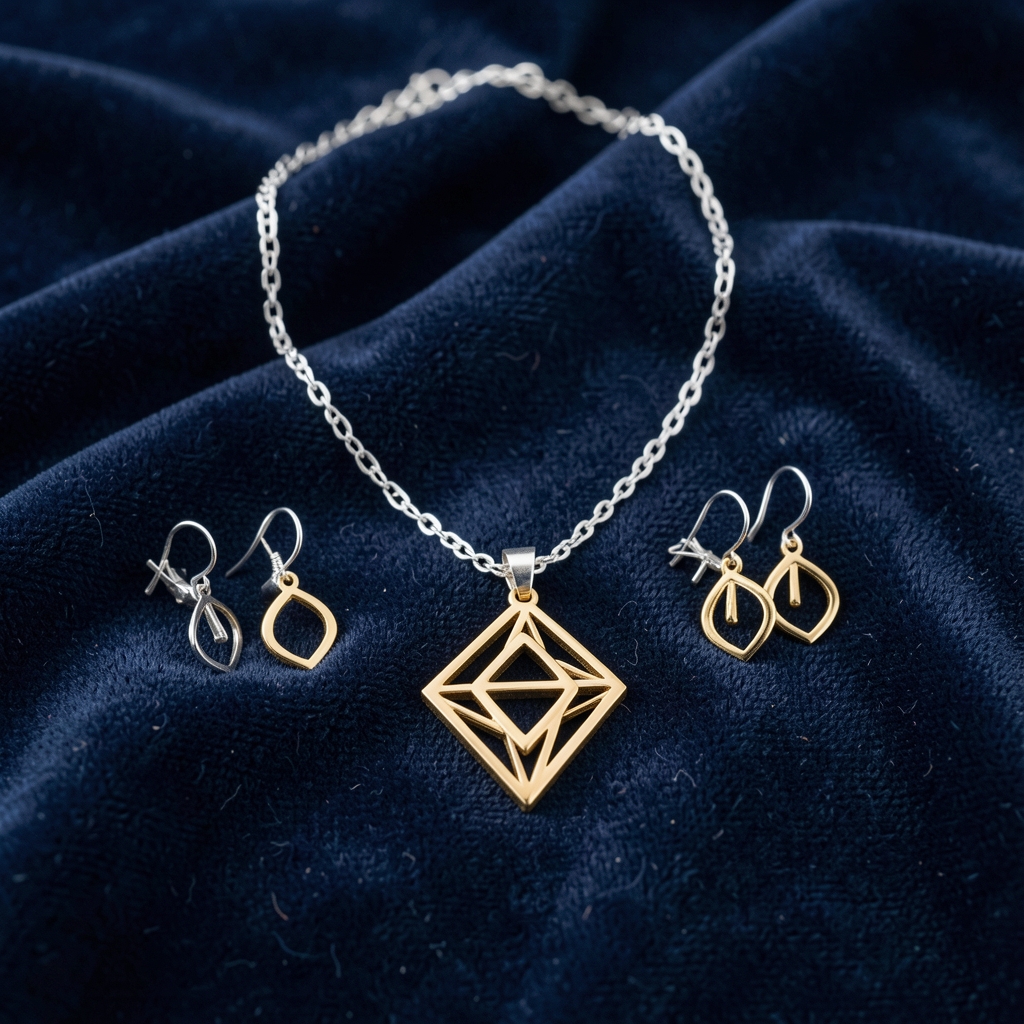 Collar de plata con colgante geométrico dorado y aretes a juego sobre tela de terciopelo azul marino oscuro