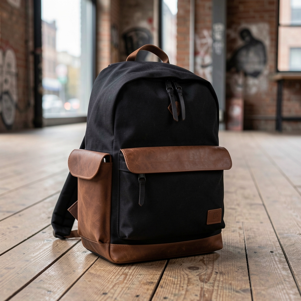 Mochila de lona impermeable color negro con detalles de cuero marrón y laptop sleeve, apoyada sobre piso de madera en ambiente urban