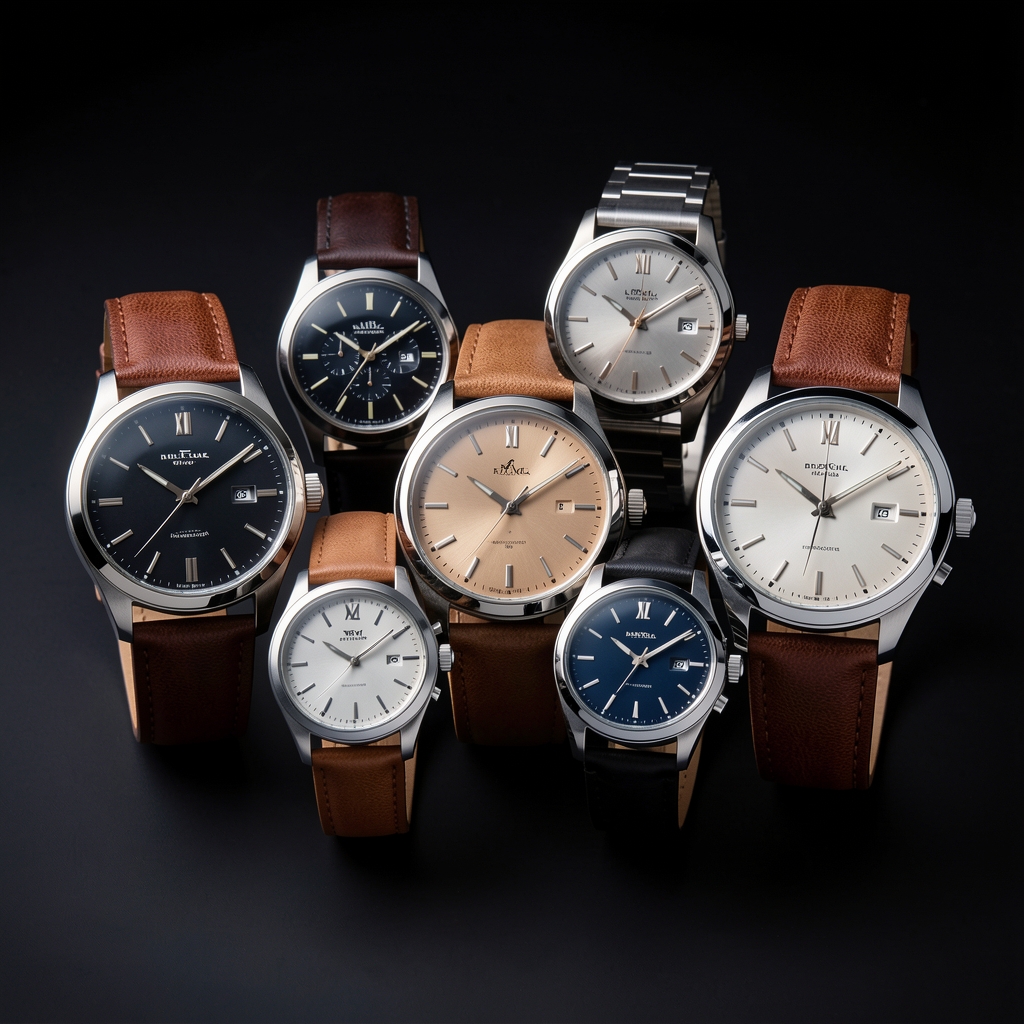 Colección de relojes analógicos de acero inoxidable y cuero marrón sobre fondo oscuro con iluminación dramática de estudio