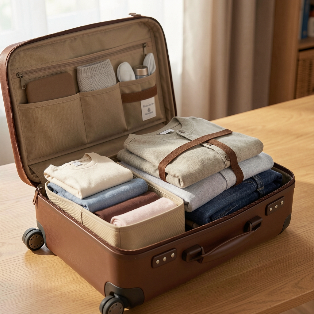 Set de organizadores de viaje de lona premium color beige y marrón sobre maleta abierta con ropa doblada ordenadamente
