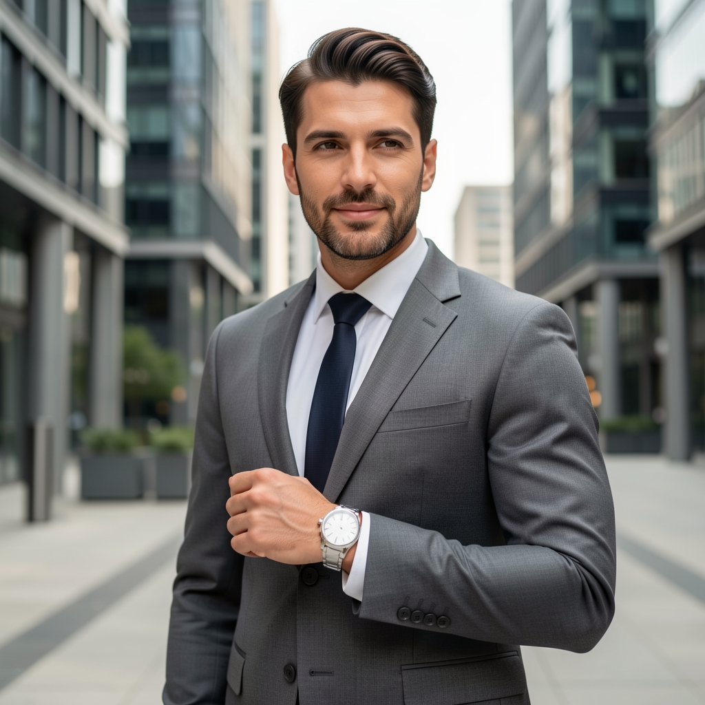 Hombre elegante de negocios con traje gris ajustado usando reloj de pulsera analógico plateado en entorno urbano moderno de Buenos Aires