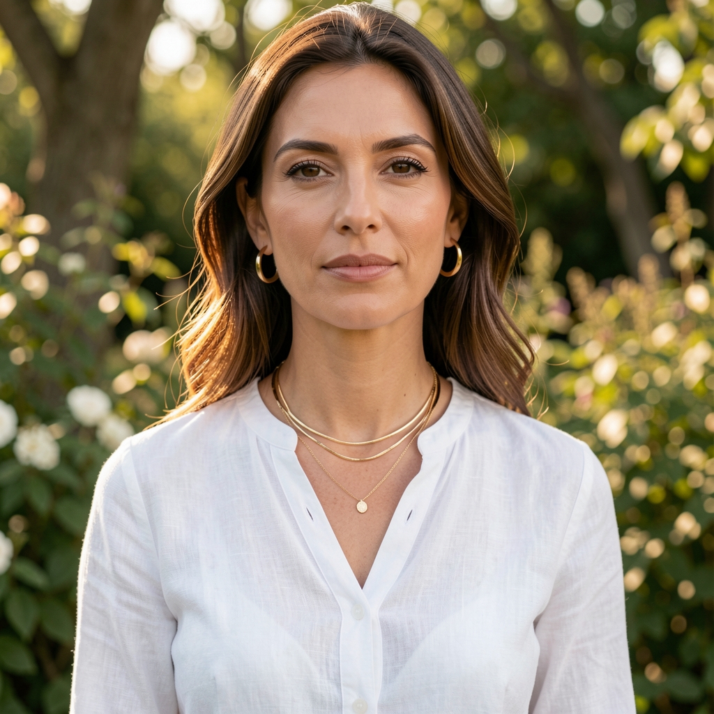 Mujer con pulseras doradas superpuestas y collar delicado sobre cuello de blusa blanca de lino en ambiente natural iluminado
