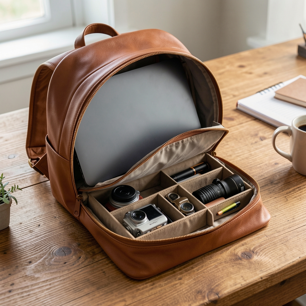 Mochila de cuero marrón cognac abierta mostrando laptop, organizador interno con divisiones y accesorios de trabajo sobre escritorio de madera