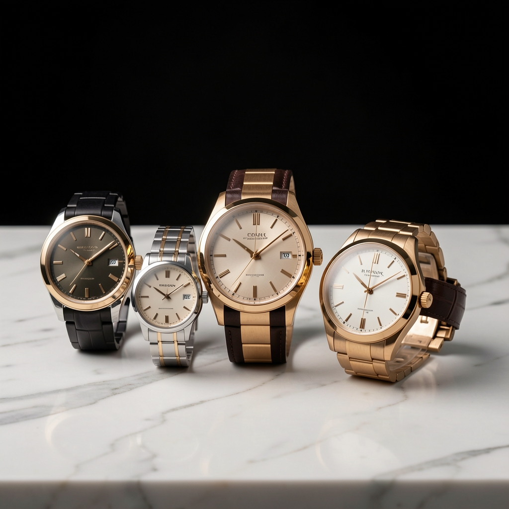Colección de relojes de lujo analógicos sobre una superficie de mármol blanco con iluminación suave y fondo oscuro elegante