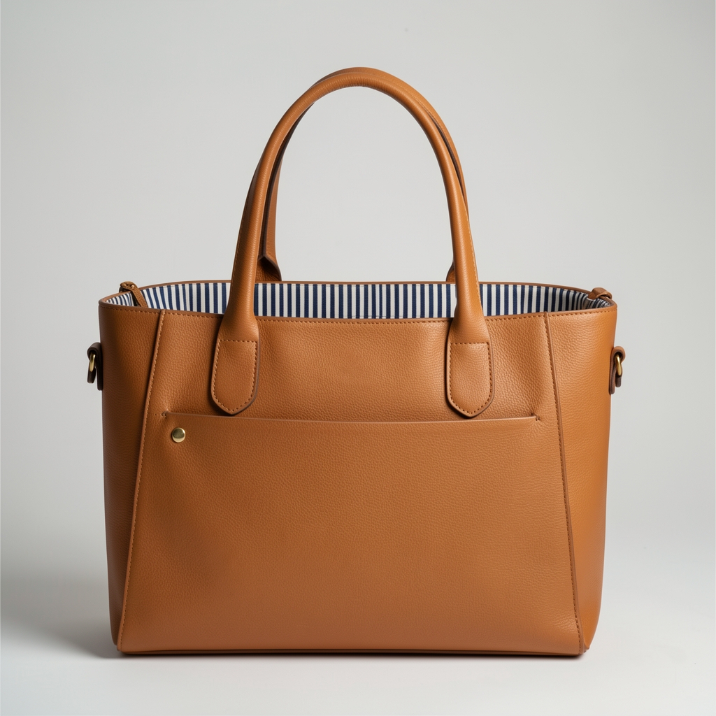 Bolso tote de cuero camel estructurado con asa de hombro doble, interior forrado en tela de rayas y bolsillo lateral con cierre dorado