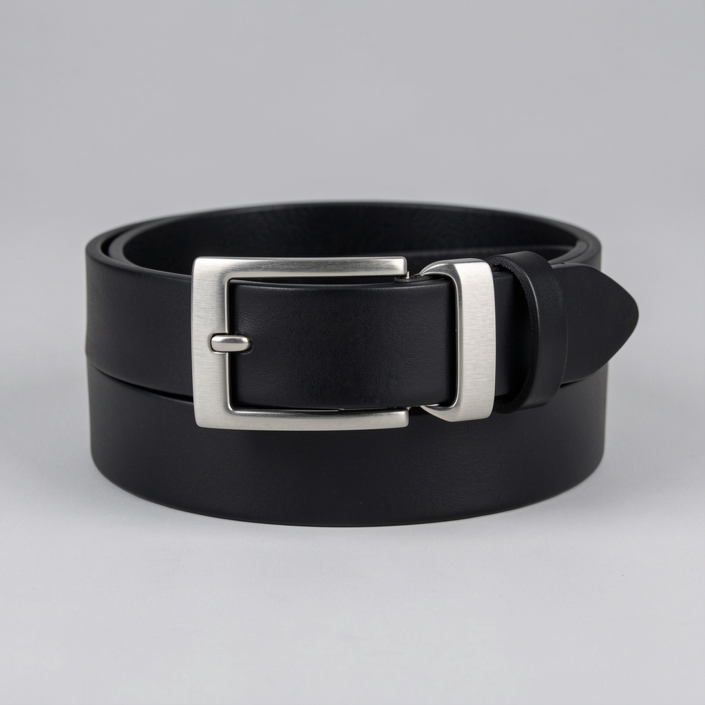 Cinturón de cuero negro liso con hebilla rectangular plateada cepillada, vista frontal sobre fondo gris claro neutro en formato de catálogo