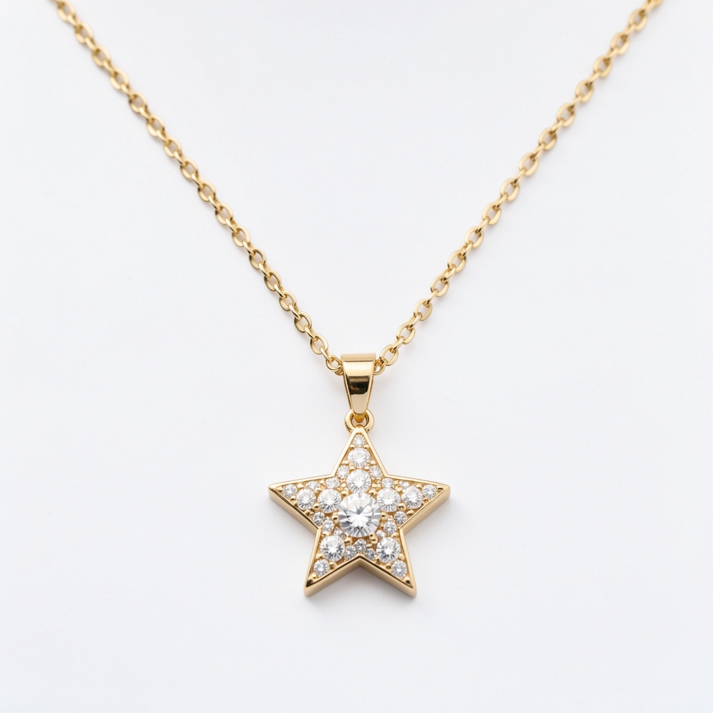 Collar de oro amarillo 18k con colgante de estrella de seis puntas y pequeños diamantes naturales engarzados sobre fondo blanco