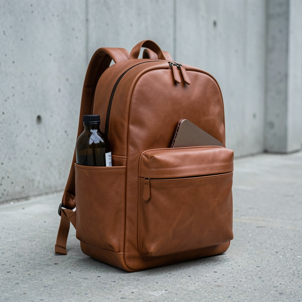 Mochila ejecutiva de cuero sintético negro con laptop compartment de 15 pulgadas y correas acolchadas ajustables sobre piso de concreto urbano