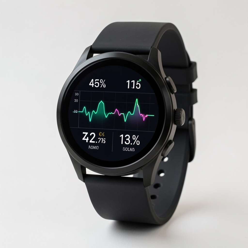 Smartwatch con pantalla AMOLED rectangular de bordes curvos, correa de silicona negra y notificaciones de frecuencia cardíaca visibles