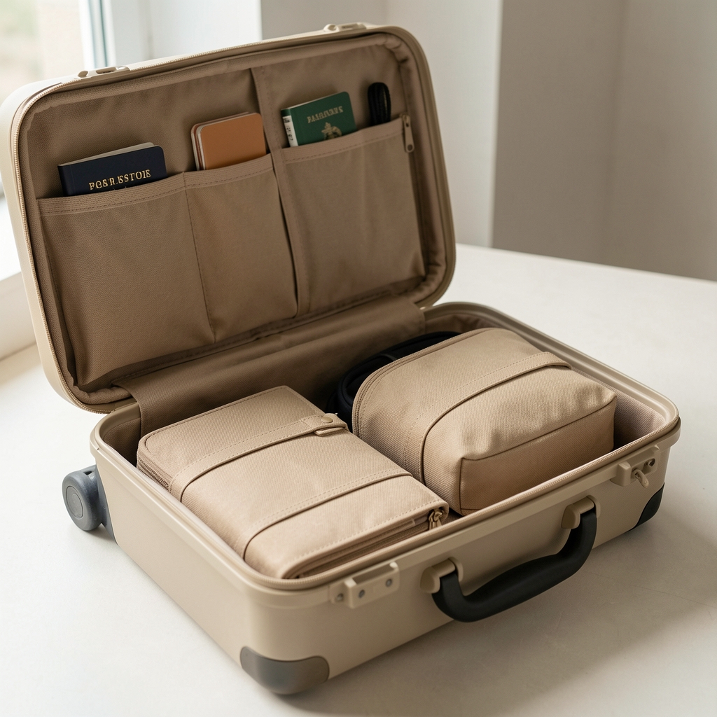 Set de organizadores de viaje en lona resistente color beige incluye porta-documentos porta-pasaporte y neceser con diseño limpio sobre maleta abierta